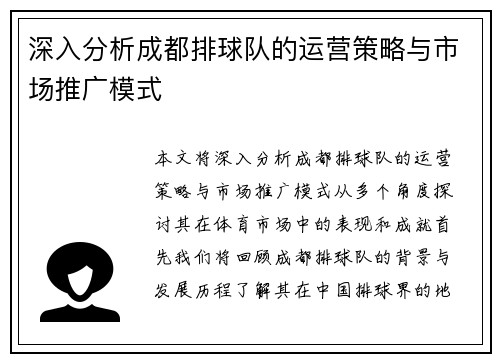 深入分析成都排球队的运营策略与市场推广模式
