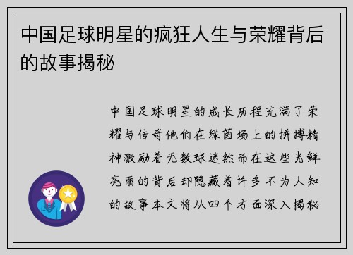 中国足球明星的疯狂人生与荣耀背后的故事揭秘