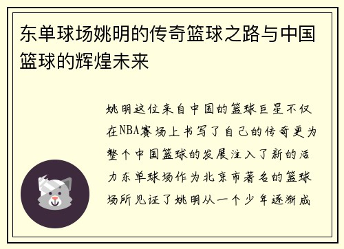 东单球场姚明的传奇篮球之路与中国篮球的辉煌未来